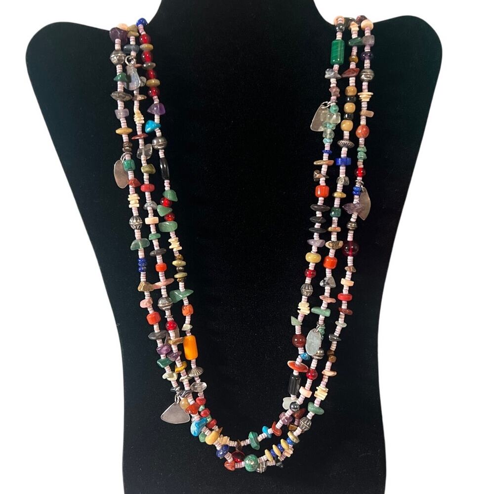Christin Wolf Vintage Gemstone & Sterling Triple Strand Necklace